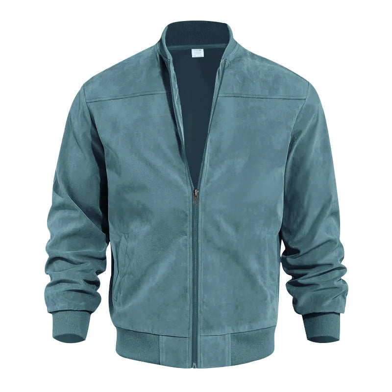 Men's Business Casual Suede Jacket Zipper Collar Warm Sporty Outerwear Polyester Fabric Long Sleeve round Hem Knitted Sleeve
