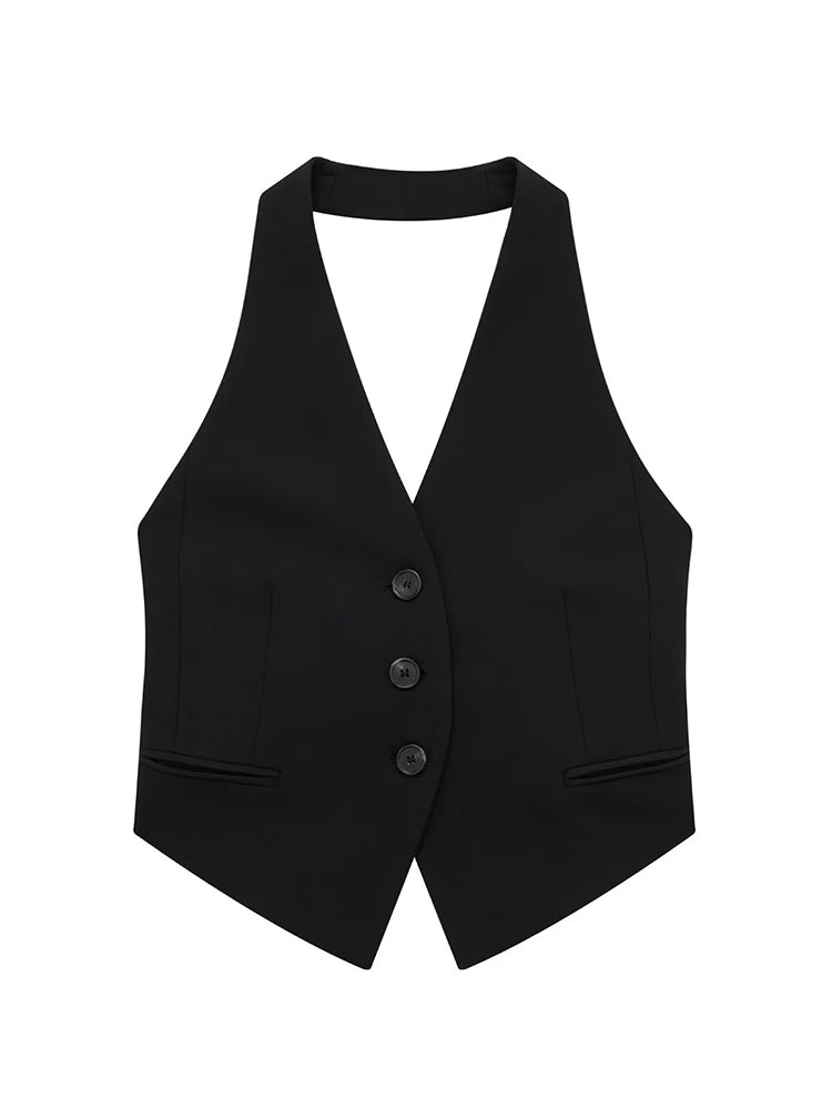 Willshela Women Fashion Black Backless Lace Up Waistcoats Vintage Halter Neck Sleeveless Jackets Female Chic Lady Tank Tops