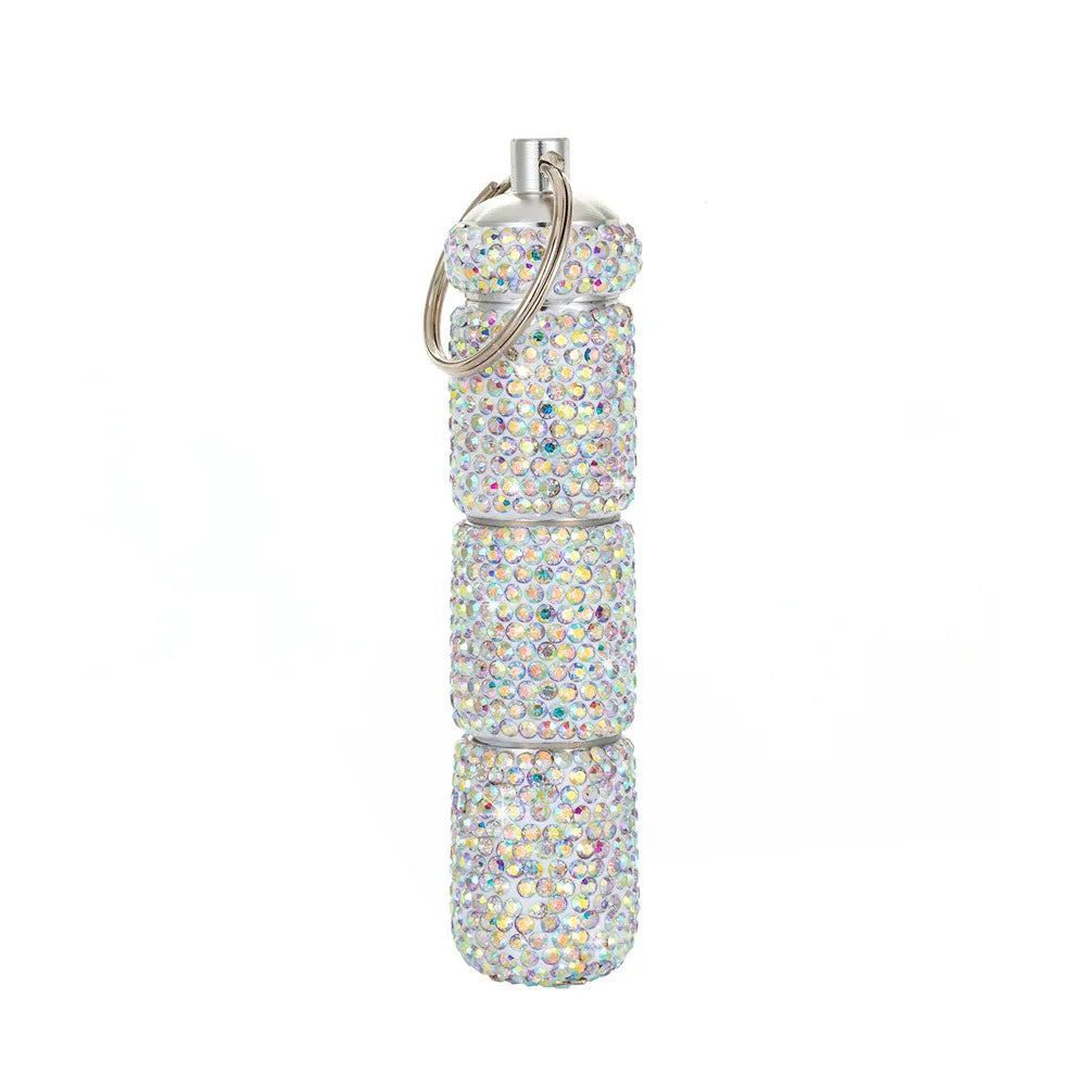 Porta-comprimidos portátil com strass (estilo "bling"), à prova d'água, pequeno e com chaveiro — Estojo fofo para guardar medicamentos.