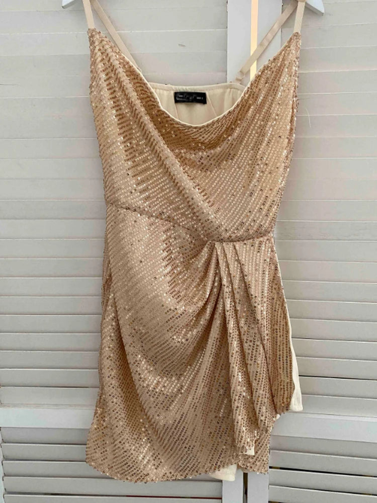Women Spaghetti Strap Sleeveless Ruched Mini Sequin Dress