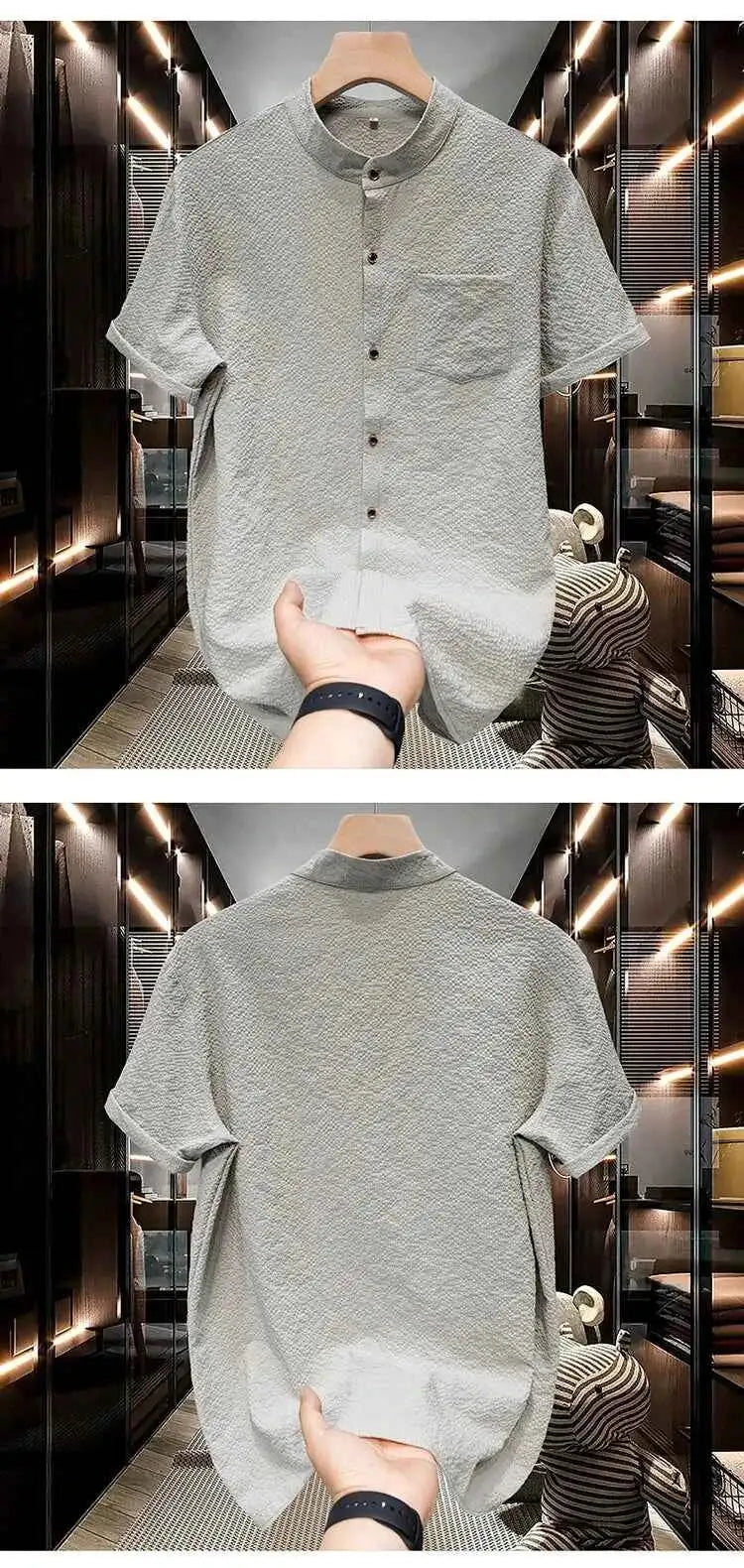 M-5XL Summer Men's Shirt Short Sleeved with Bubble Gauze Textured Fabric Thin Quick Drying Stand Up Collar Short Sleeved Shirt
