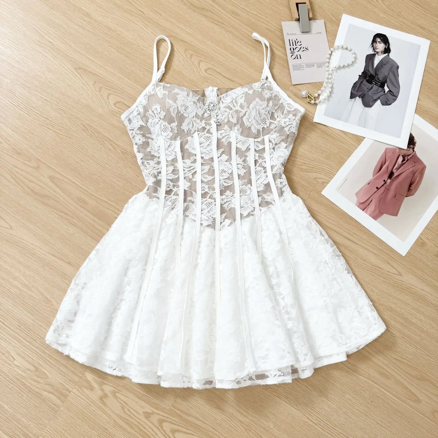 Spring Summer Vietnamese Design Mini Dress Lace Hollow out Puff Sleeve Square Collar Waist Cinched Pleated Low Waist Line