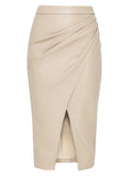 Women Midi Leather Skirt Sexy Split High Waist Zipper PU Front Slit Skirts Ladies Black Faux Leather Folded Skirt For Women