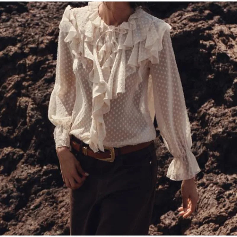 Blusa feminina elegante, azul, gola alta, babados, manga comprida, lisa, solta, chiffon, nova blusa feminina de verão 2025