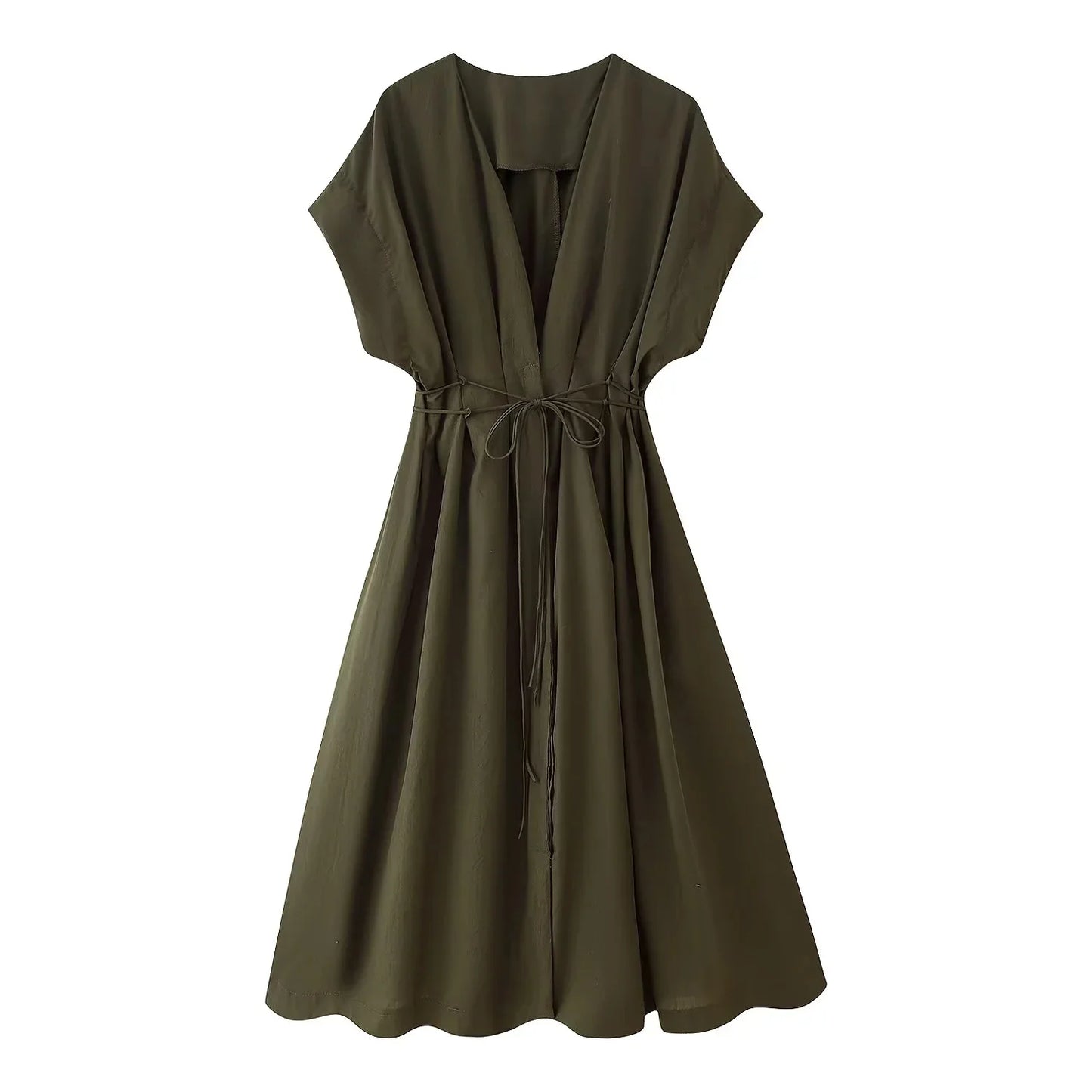 KONDALA 2026 Spring Summer Vintage Women Dress Fashion Single Breasted Sashes Draped V Neck Sleeveless Chic Brown Ladies Dresses