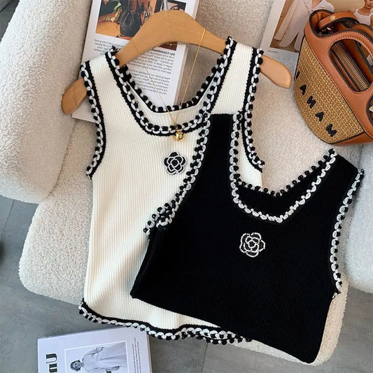 Regata Feminina Estilo Luxo, Bordado Floral, Sem Mangas