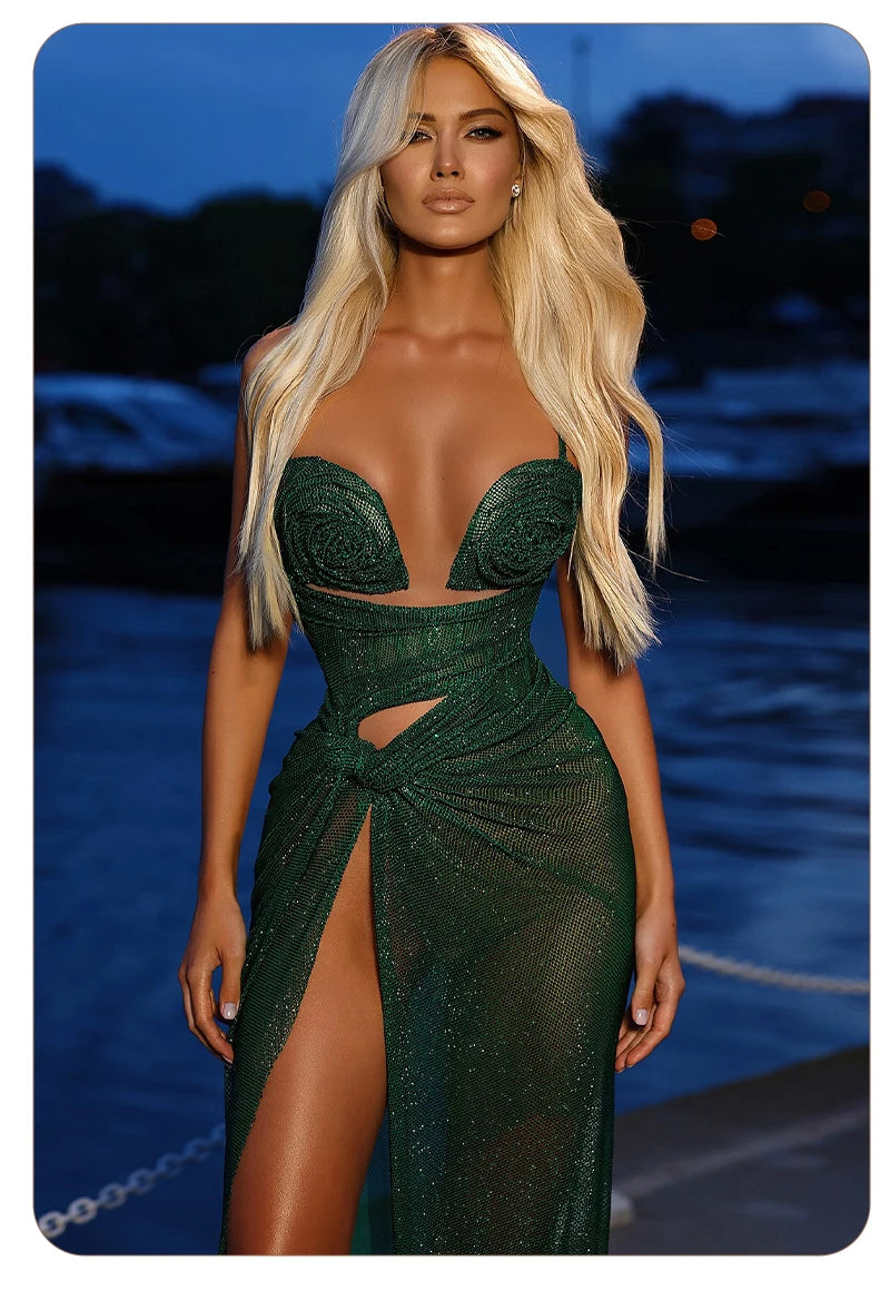 VC Glamorous Strapless Green Sequin Maxi Dress with Corset Style Bodice and Slit Party Evening Gown
