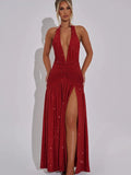 JULISSA MO Glitter Bright Silk Deep V-neck Women Maxi Dress Khaki High Slit Halter Dress Spring Slim Elegant Party Evening Dress