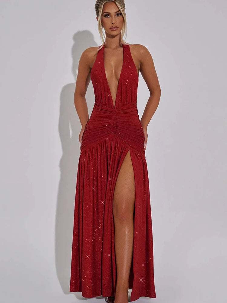 JULISSA MO Glitter Bright Silk Deep V-neck Women Maxi Dress Khaki High Slit Halter Dress Spring Slim Elegant Party Evening Dress