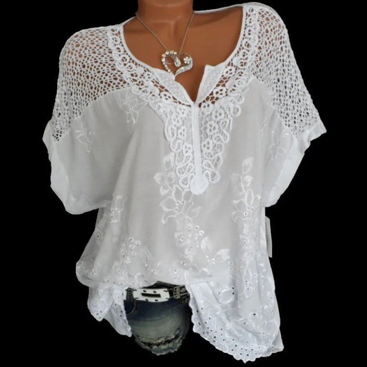 Blusas e tops femininos de manga curta da moda verão, camisa solta de renda branca patchwork 6xl, tops femininos, roupas casuais