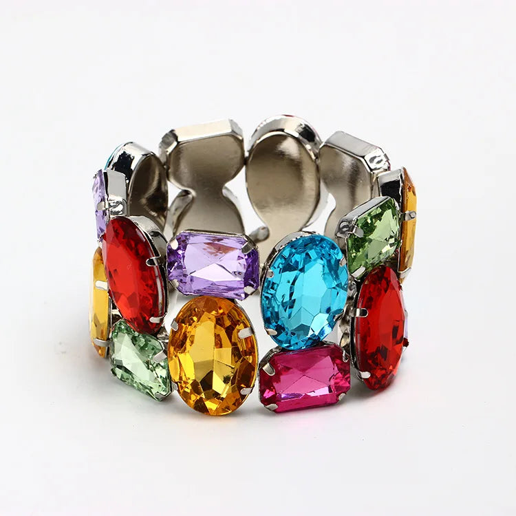 Fashion Exquisite Wide Elastic Color Rhinestone Bridal Bracelet for Women