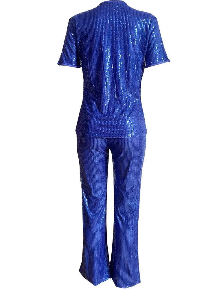 Conjunto Feminino de Duas Peças Primavera Feminino Casual Brilhante Lantejoulas Gola Redonda Moda Sólida Manga Curta Camiseta Perna Larga Calças Terno