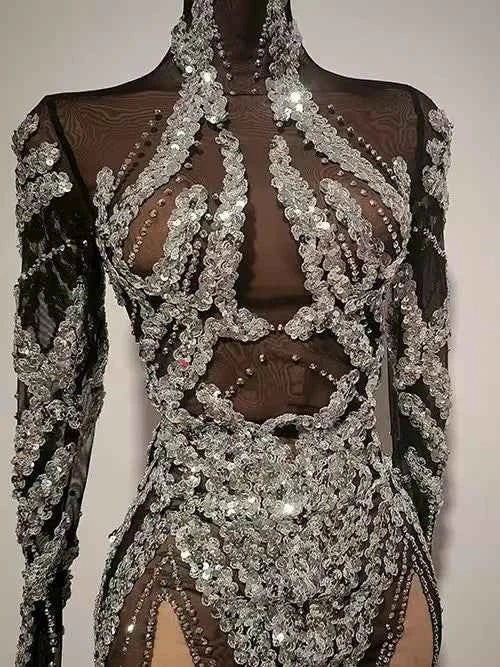 Sparkly Sequin Mesh See Through Mini Dress Women Celebrate Birthday Evening Party Nightclub Sexy Stage Performance Outfit