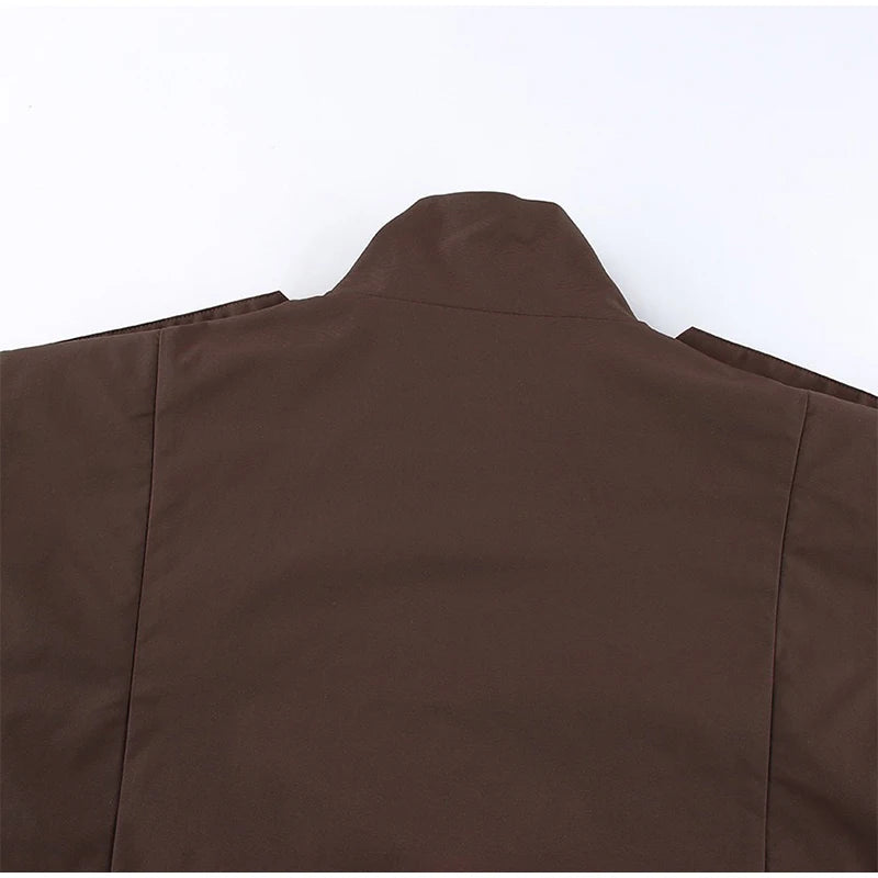 Fashion Stand Collar Belted Waist Short Jacket For Women Casual Puff Sleeve Wide Shoulder Coat Lady 2026 Chic Street Outerwear