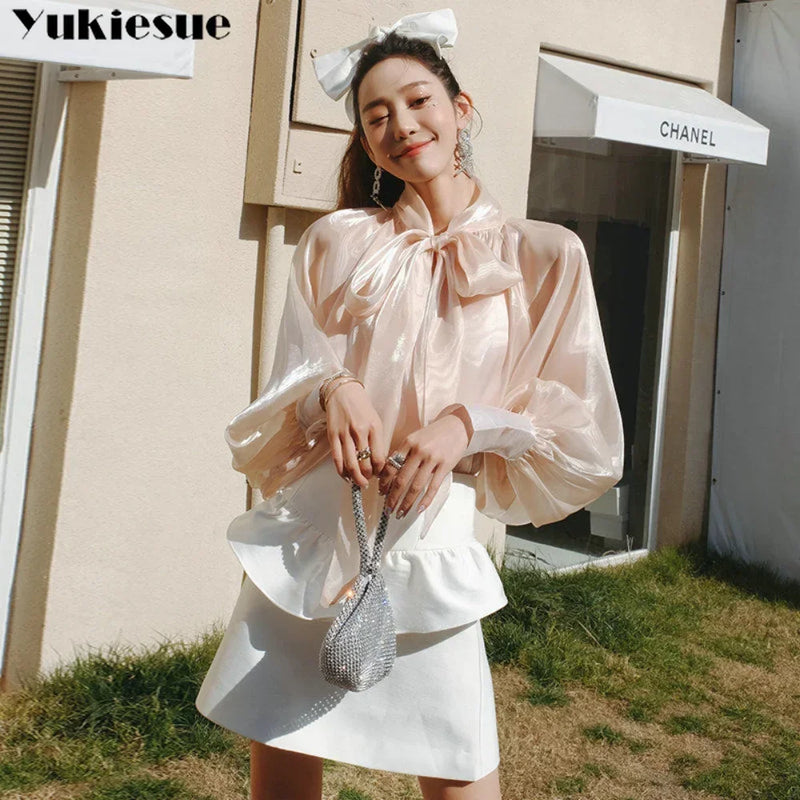 Camisas Manga Lanterna Gola Alta Sólida Casual Vintage Elegante Temperamento Manga Comprida
