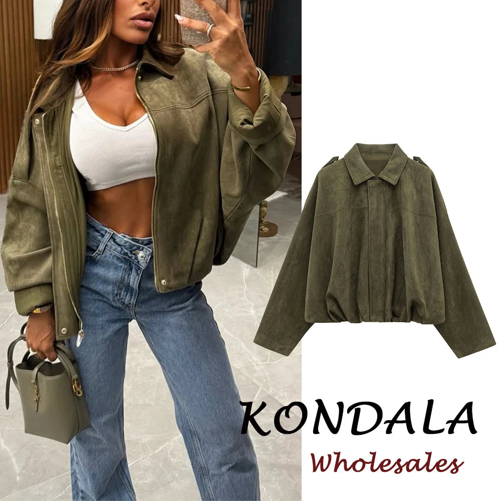 KONDALA Vintage Cool Green Streetwear Women Jacket Fashion 2026 Spring Zipper Folds High Street Chic Modern Female Short Outwear