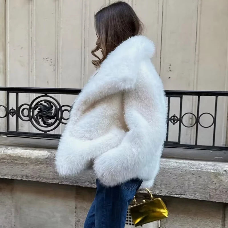 HXAO White Faux Fur Coat 2024 Woman New in coats Autumn Winter Fur Plush Fluffy Jacket Warm Red Gray Black Outerwears