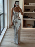 Jinia sexy sling backless silvery party women dresses evening luxury sequins bodycon sleepveless long dress ladies ball gown hot
