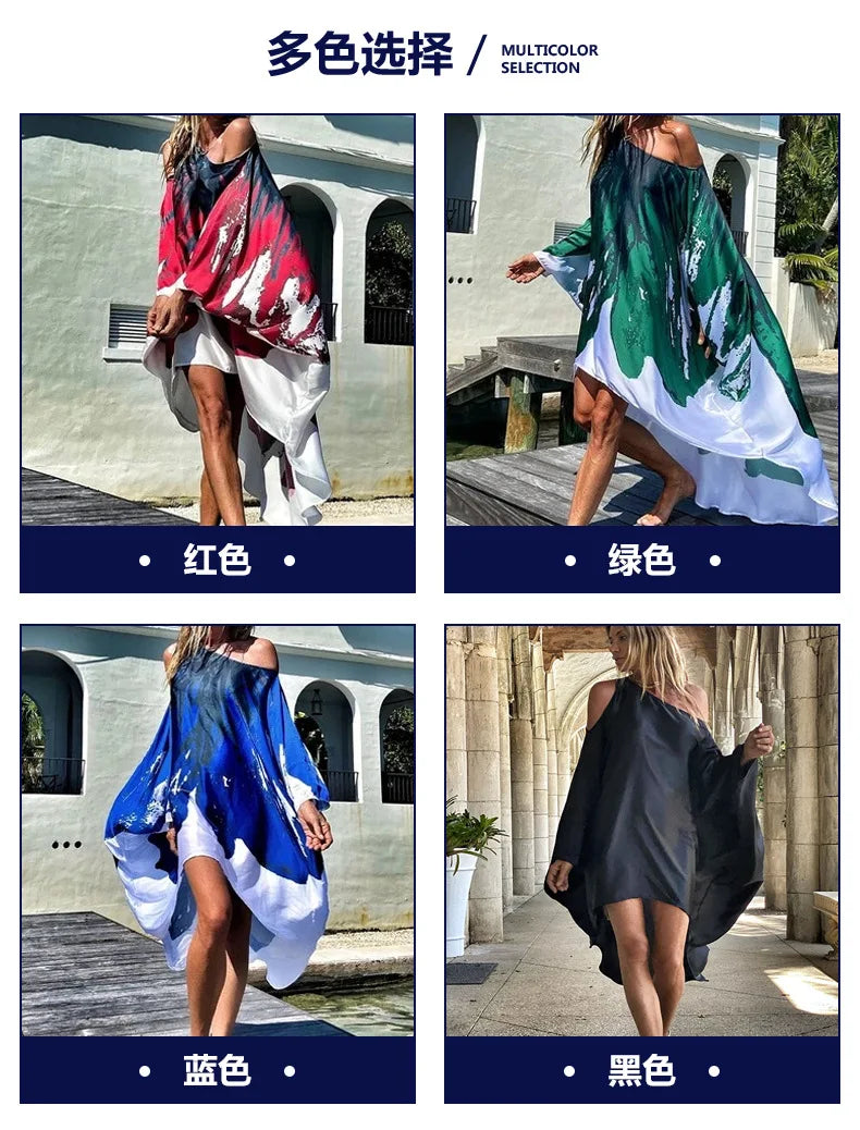 Printed Dresses Women 2025 Summer New Sloping Shoulders Loose Casual Beach Vacation Irregular Dress Fashion Beachwear Vestidos