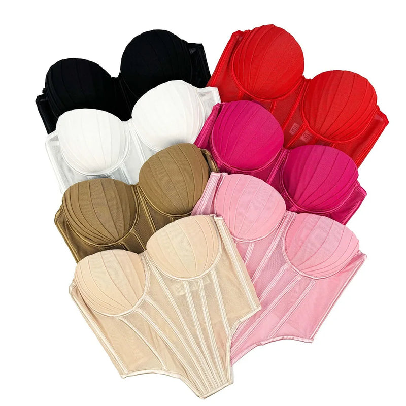 Corpete transparente de malha feminino, faixa espinha de peixe na cintura, corpete bustiê, tops sensuais