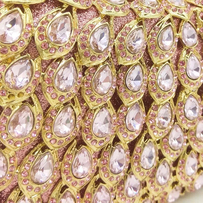Boutique De FGG Pink Crystal Rhinestone Clutch Handbag Women Metal Minaudiere Top Handle Tote Purse Wedding Party Evening Bag