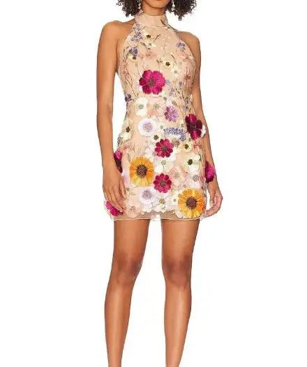 Sexy Women's Dress 2023 Spring Autumn Sweet Style Half Turtleneck 3D Flower Package Hip Sexy Straight Long Sleeve Mini Dress