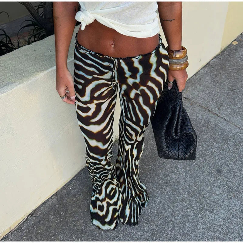 Women's Zebra Print Sheer Chiffon 2 Piece Set V-Neck Slip Tank Top Wide Leg Pants Casual Vacation Chic Outfits