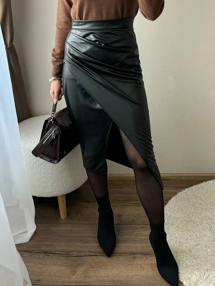 Women Midi Leather Skirt Sexy Split High Waist Zipper PU Front Slit Skirts Ladies Black Faux Leather Folded Skirt For Women
