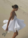 2025 Sexy Backless Lace Up Women's Sling Mini Dress Chic Solid High Waist Loose Pleated Hem Vestido Lady Summer Party Beachwear