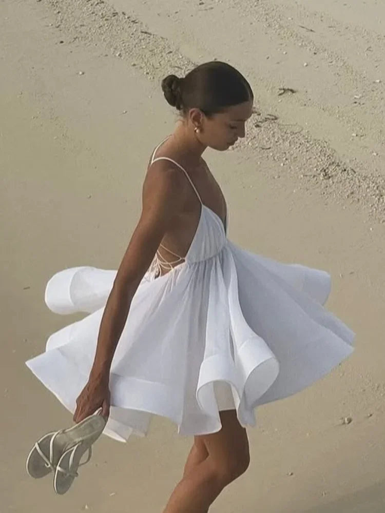 2025 Sexy Backless Lace Up Women's Sling Mini Dress Chic Solid High Waist Loose Pleated Hem Vestido Lady Summer Party Beachwear