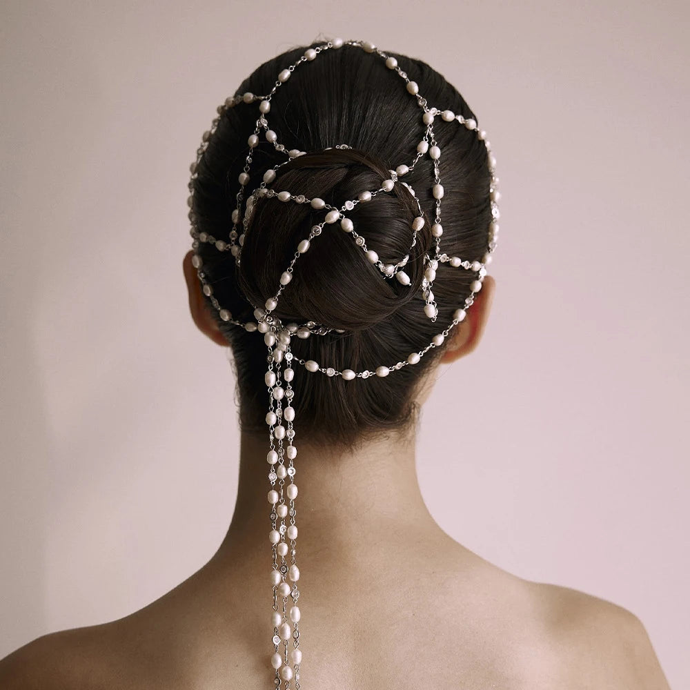 Bohemian Mesh Tassel Pearl Headband Chain Women Head Accessories Luxury Bridal Round Rhinestone Hair Chain Headpiece for Women