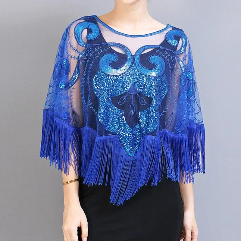 Summer Sequins Tassels Poncho Women Coat Party Outfits Cape Mesh Jacket Ladies Cloak Shawls Casaco Outerwear Wraps Woman Clothes