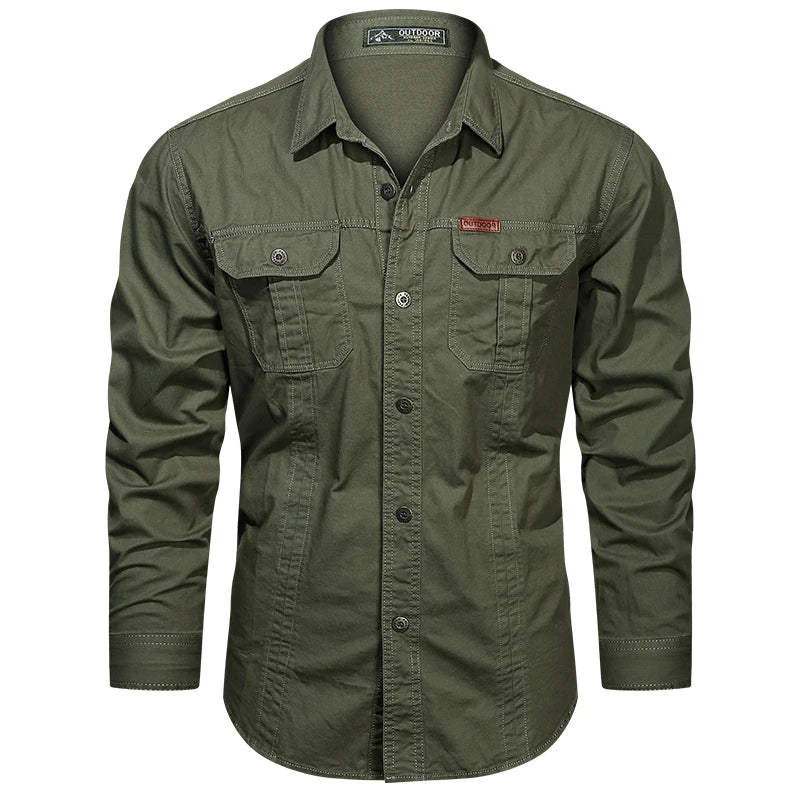 Camisa cargo de algodão para primavera para homens, camisas de manga comprida com vários bolsos, roupa casual para atividades ao ar livre, camisa militar de alta qualidade