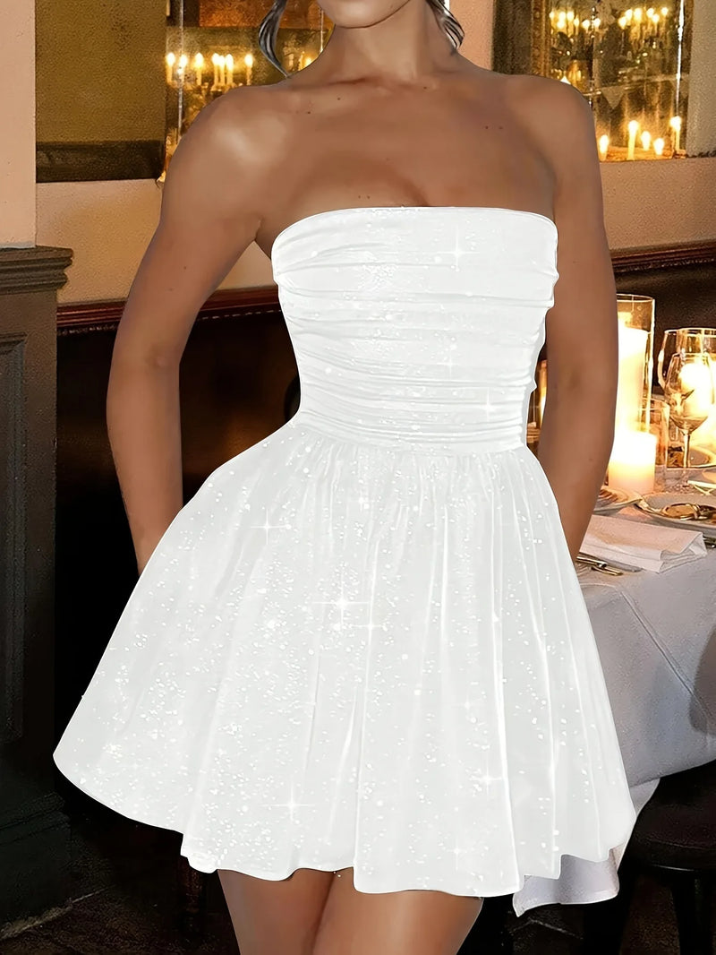 2025 Sexy Elegant Glitter Strapless Dress Fashion Sleeveless Off Shoulder Mid-skirt Breast Wrap Slim Mesh Dress Evening Dresses