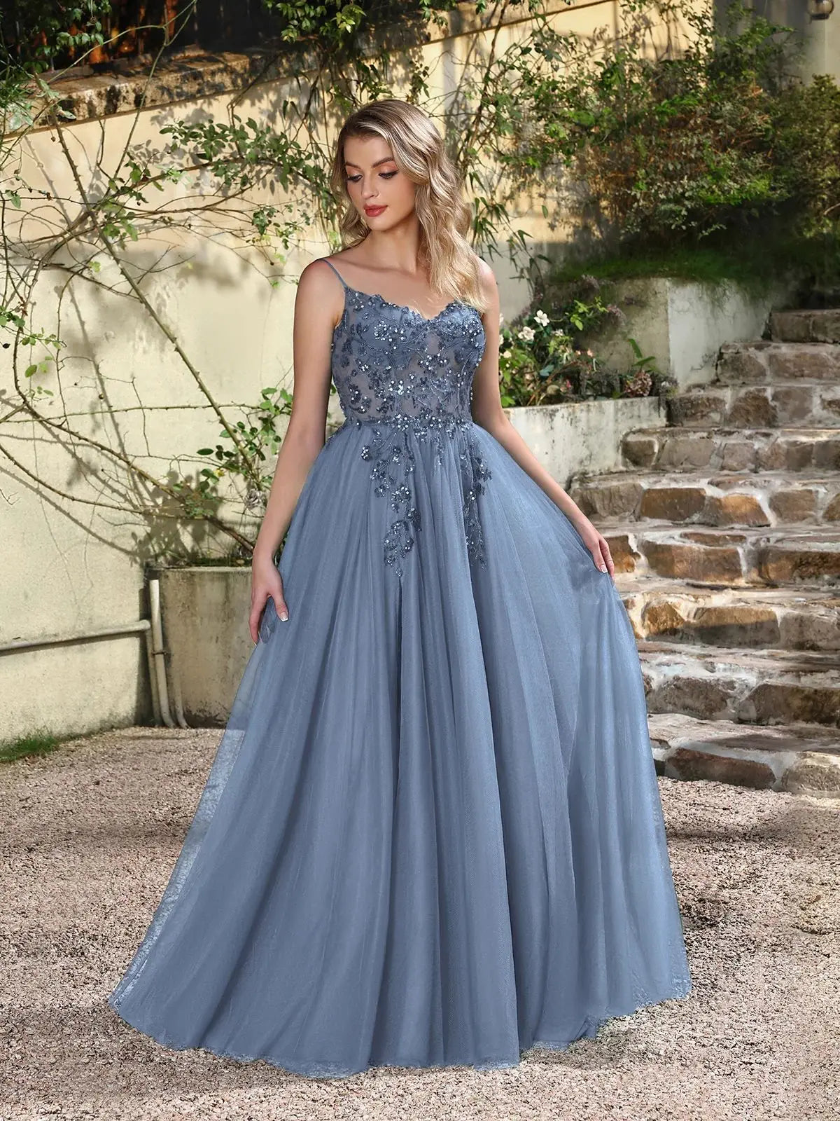 Dusty Blue Tulle Prom Dresses Long 2025 Appliqued Beaded A Line Slit Women Evening Gowns Elegant Dress For Wedding Party