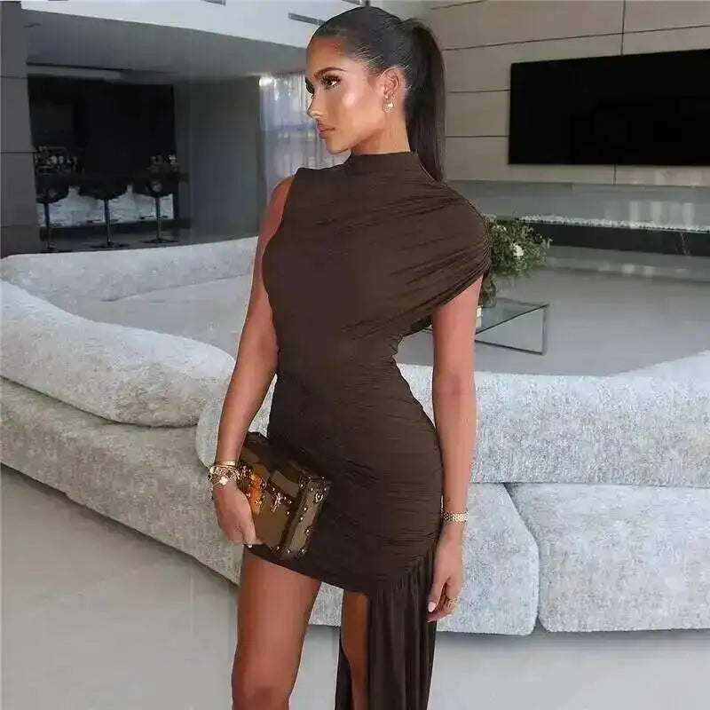 Balitops Summer Draped Ruched Sexy Mini Dress Women 2025 New Irregular High Waist Slim Fit Dress Female Elegant Club Tank Dress