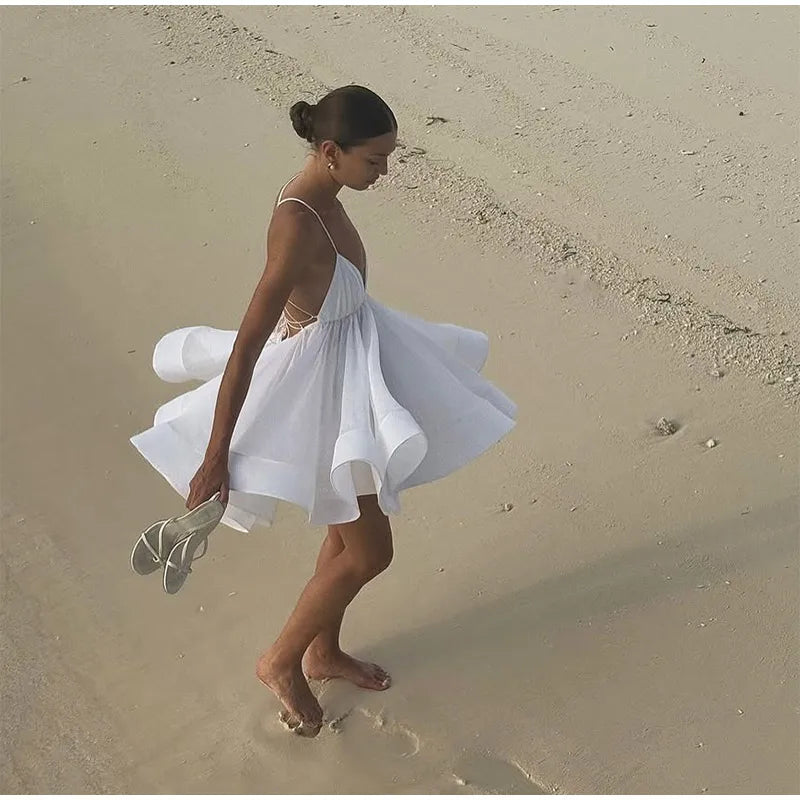 2025 Sexy Backless Lace Up Women's Sling Mini Dress Chic Solid High Waist Loose Pleated Hem Vestido Lady Summer Party Beachwear