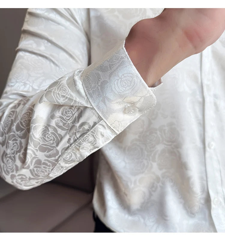 Men's Social Shirt New Rose Printed Long Sleeve Shirt Luxury Fashion Business Slim Fit Formal Shirt Men's Clothing 4XL-M