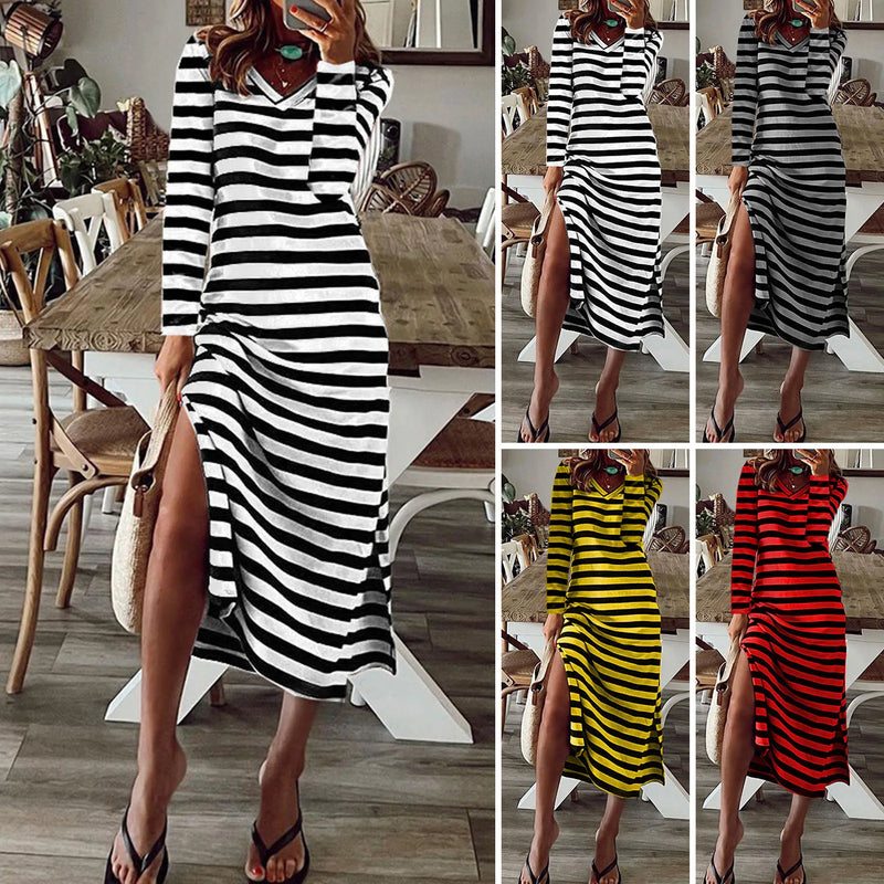 Vestidos Plus Size Vestidos Para Mulheres Casual Listra Estampa Decote Em V Manga Curta Solto Vestido Longo Robe Femme