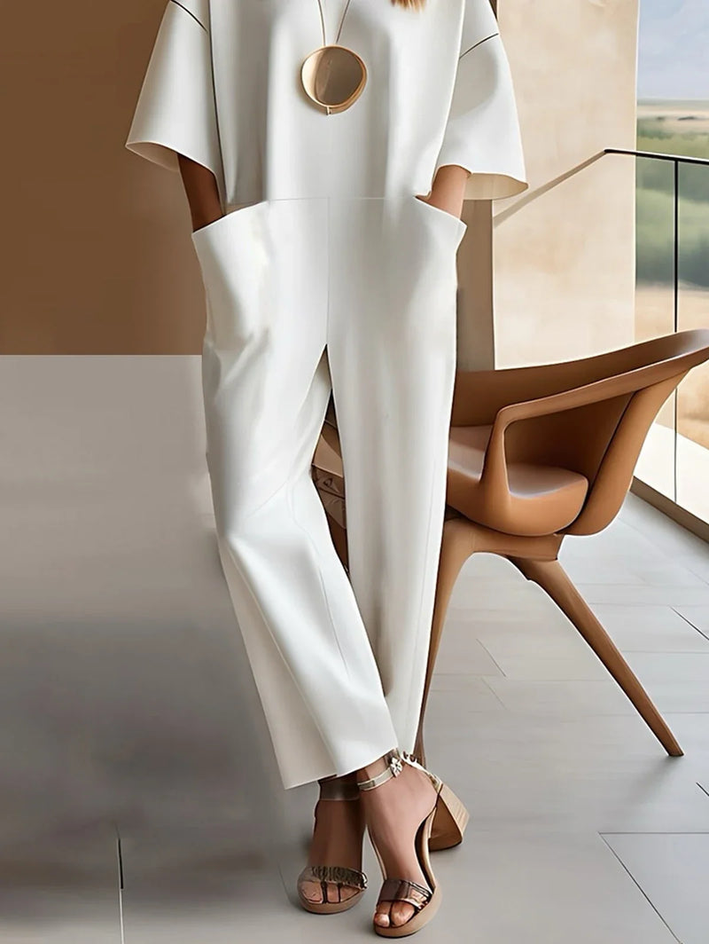 Women Loose Jumpsuit Pockets Round Neck Straight Pant Minimalist White Streetwear Office Lady Rompers One Piece Sets