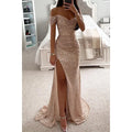 Women New Party Sequins Strapless Split Dress Casual Fashion Dress Solid Color High Waist Floor Length