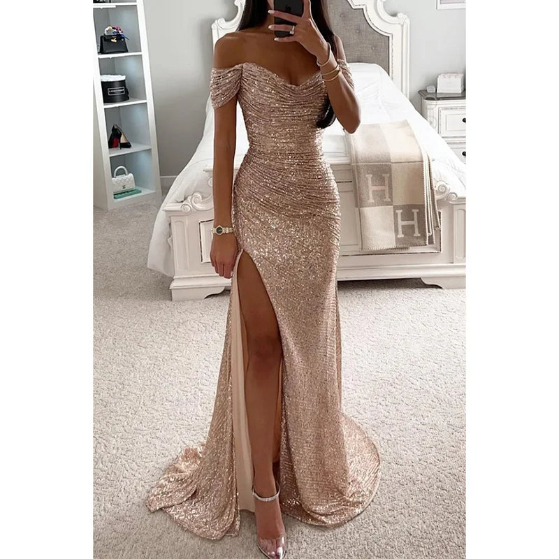 Women New Party Sequins Strapless Split Dress Casual Fashion Dress Solid Color High Waist Floor Length
