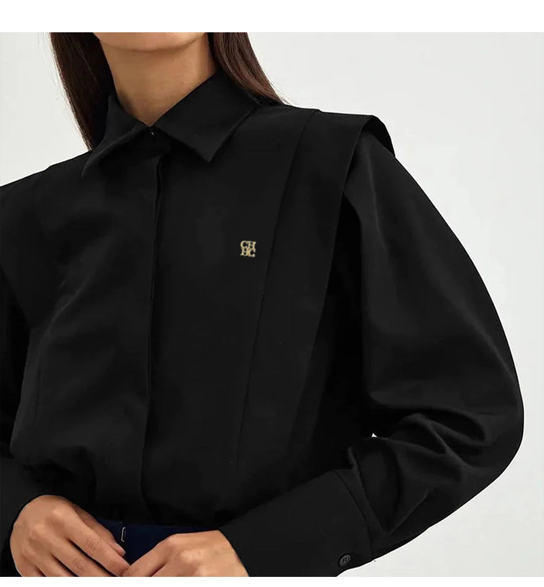 CH Womens CH Logo Embroidered Shirt Long Sleeve Structured Shoulder Office Blouse Fashion Button Down Top