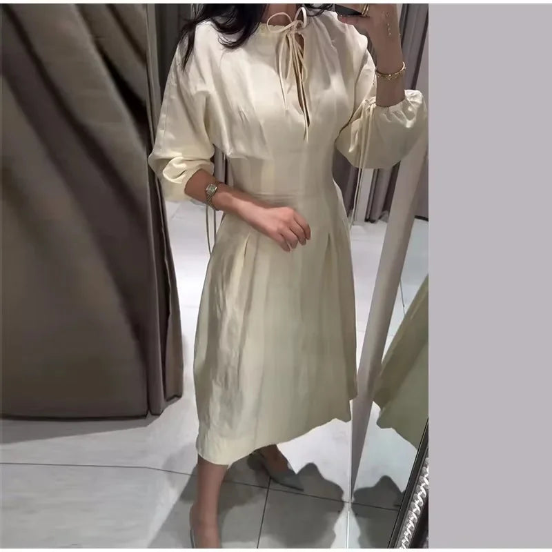 Women's Dress 2026 Summer New Beige Long-Sleeve Loose Tie-Decorated Long Dress Elegant and Graceful Beach Vacation