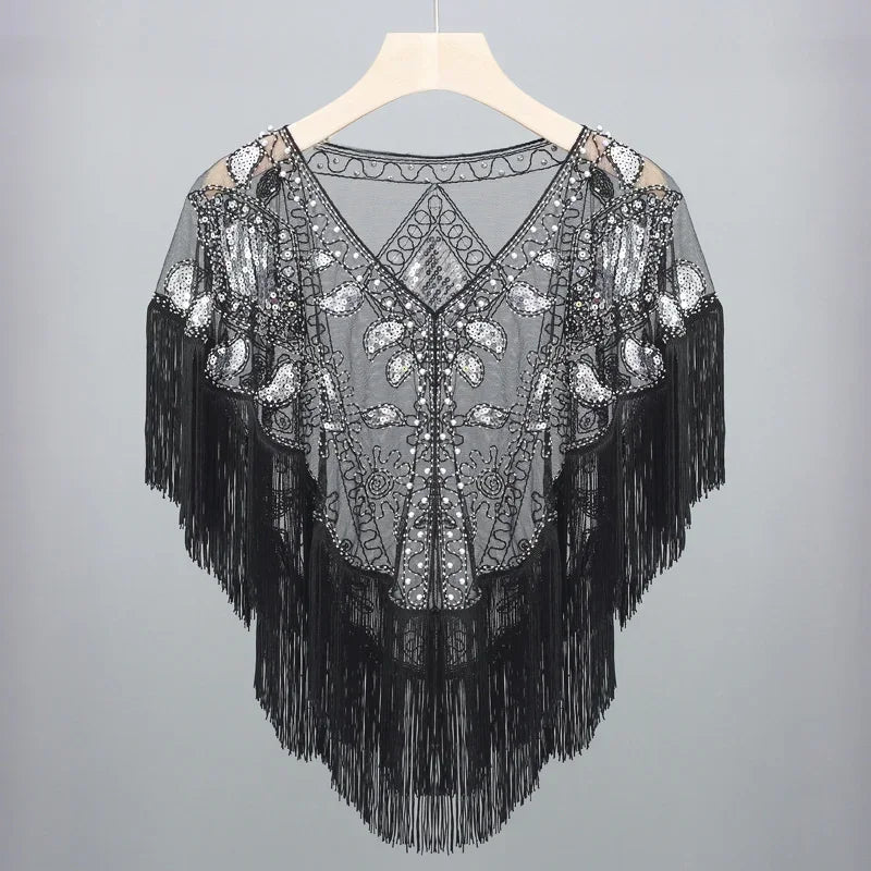 Summer Sequins Tassels Poncho Women Coat Party Outfits Cape Mesh Jacket Ladies Cloak Shawls Casaco Outerwear Wraps Woman Clothes