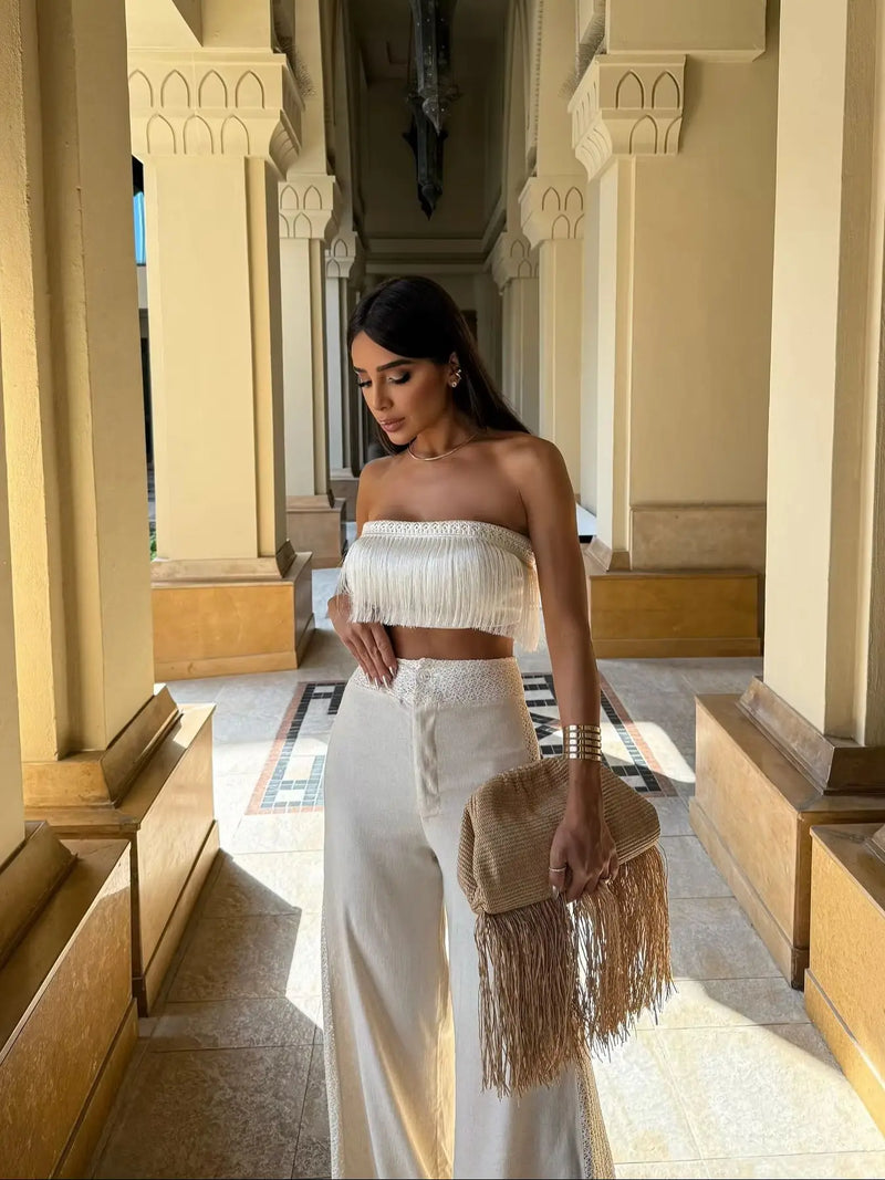 2025 New Sexy Tassel Two Piece Set With Pants Wide-Leg Pants Summer Women White Tube Top with Pants Suit Female