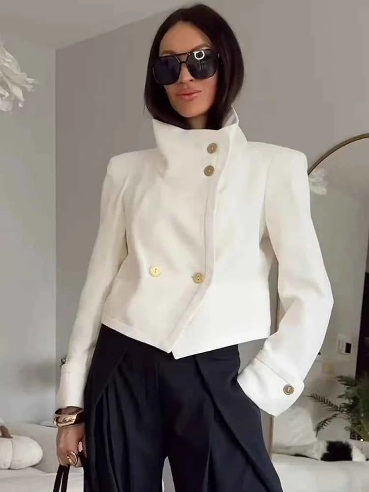 Spring New Women Stand Collar Street Jacket Casual Long Sleeve Button Solid Color Jacket Simple Style Commuter Clothing Female
