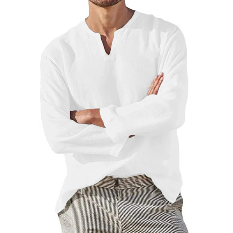 Camisa masculina de algodão e linho, cor sólida, aconchegante, manga comprida, respirável, blusa casual com decote em V, camisa havaiana, camisas leves