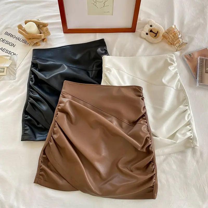 Leather Skirts Women Cross Folds Pu Mini Black Skirt Fall 2022 Korean Fashion Casual Coffee Gothic Skirts with Lining - CRAVO ROSE