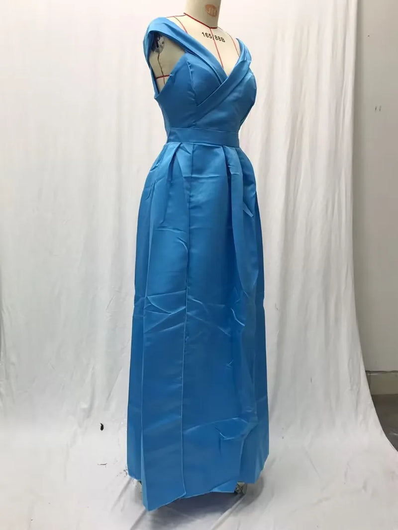Women's Long Loose Maxi Dress Summer Deep V-neck Solid Color Satin High Split Strapless Short Sleeve Dress